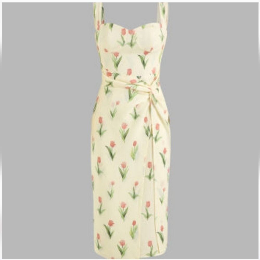 Cider Cream Floral Tulip Midi Dress with Pink & Green Print
